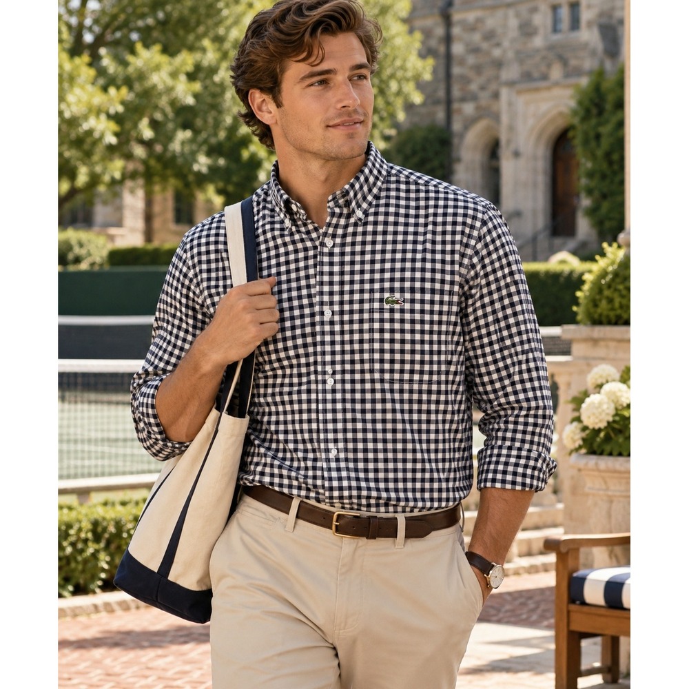 Lacoste Men's Classic Fit Gingham Long Sleeve Button Down Shirt Blue White XL 44